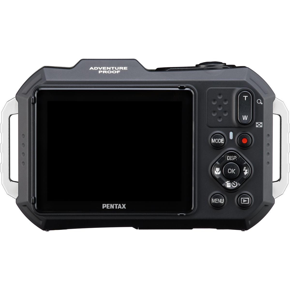 Rückansicht der PENTAX WG-90 Outdoor-Kompaktkamera mit großem Display, Zoomtasten und seitlich angeordneten Bedienelementen vor weißem Hintergrund.