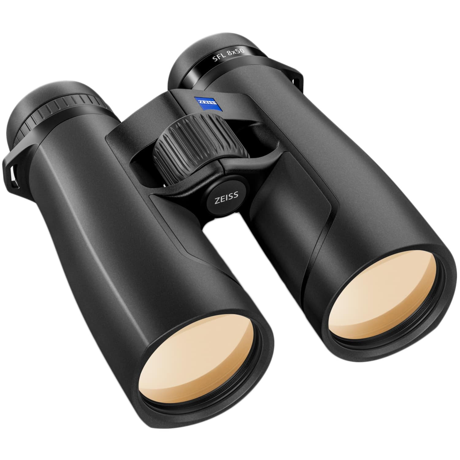 Ein schwarzes ZEISS Victory SFL 8x40 oder 10x40 Fernglas, schräg von vorne und oben fotografiert auf weißem Hintergrund. Die beiden großen Frontlinsen im Vordergrund zeigen eine gelblich-orangefarbene Antireflexbeschichtung. Auf der Brücke prangt das quad