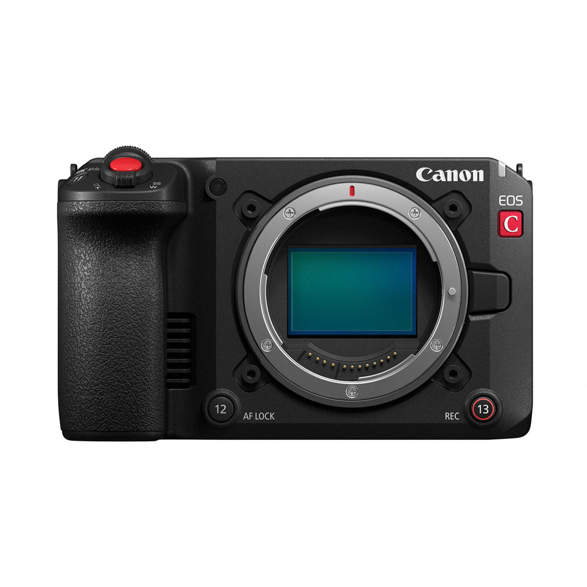 Canon EOS C Cinema-Kamera ohne Objektiv in Frontansicht mit sichtbarem RF-Bajonett, großem Bildsensor, Handgriff und roter Aufnahmetaste auf weißem Hintergrund.