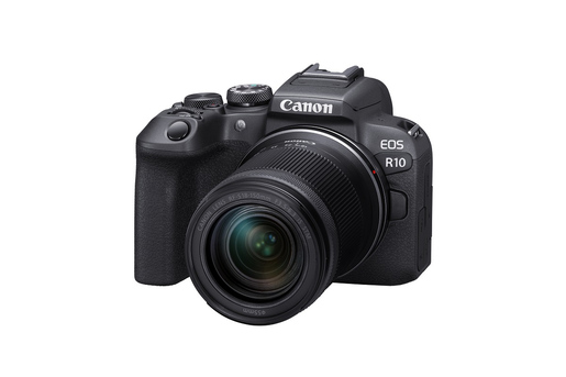 Canon EOS R10 spiegellose APS-C-Systemkamera mit Zoomobjektiv in schräger Frontansicht