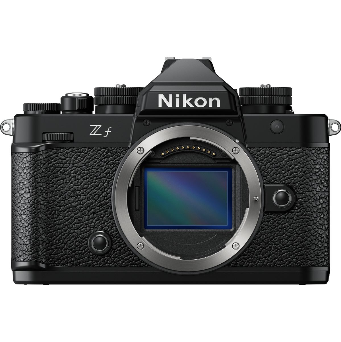 Direkte Frontansicht eines schwarzen Nikon Z f Systemkamera-Gehäuses vor weißem Hintergrund ohne Objektiv, mit freiem Blick auf das große Nikon Z-Bajonett, den freiliegenden Vollformat-Bildsensor und die weiße Z f-Modellprägung im klassischen Retro-Design