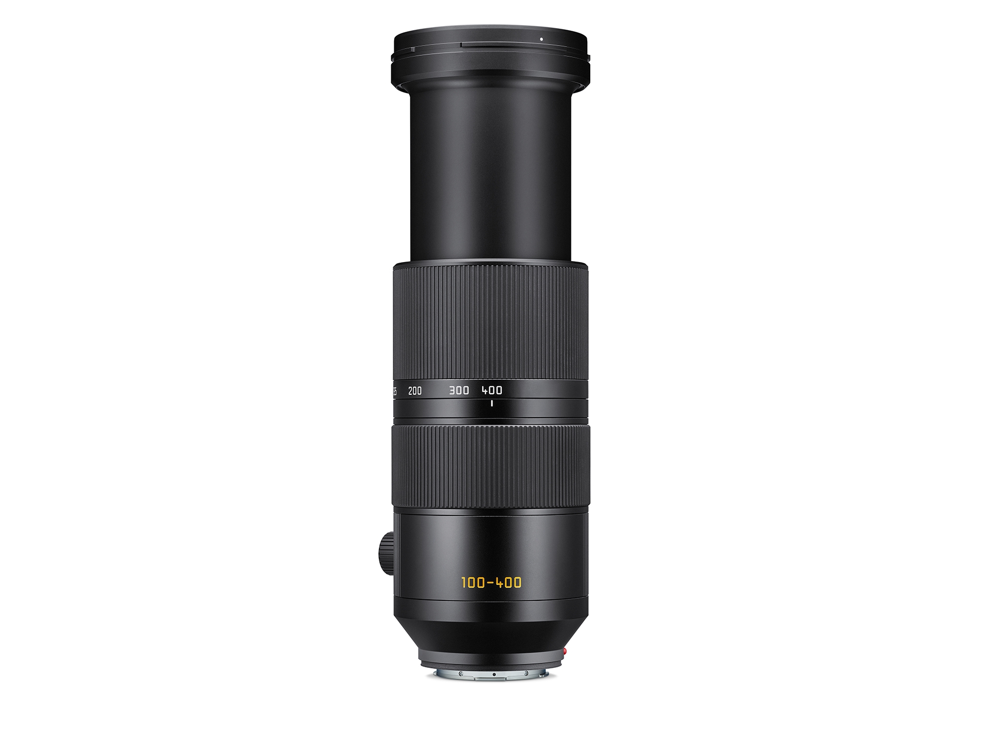 Schwarzes Leica Telezoomobjektiv mit Brennweitenbereich 100–400 mm, ausgefahrenem Tubus, breiten geriffelten Einstellringen und Brennweitenskala vor weißem Hintergrund.