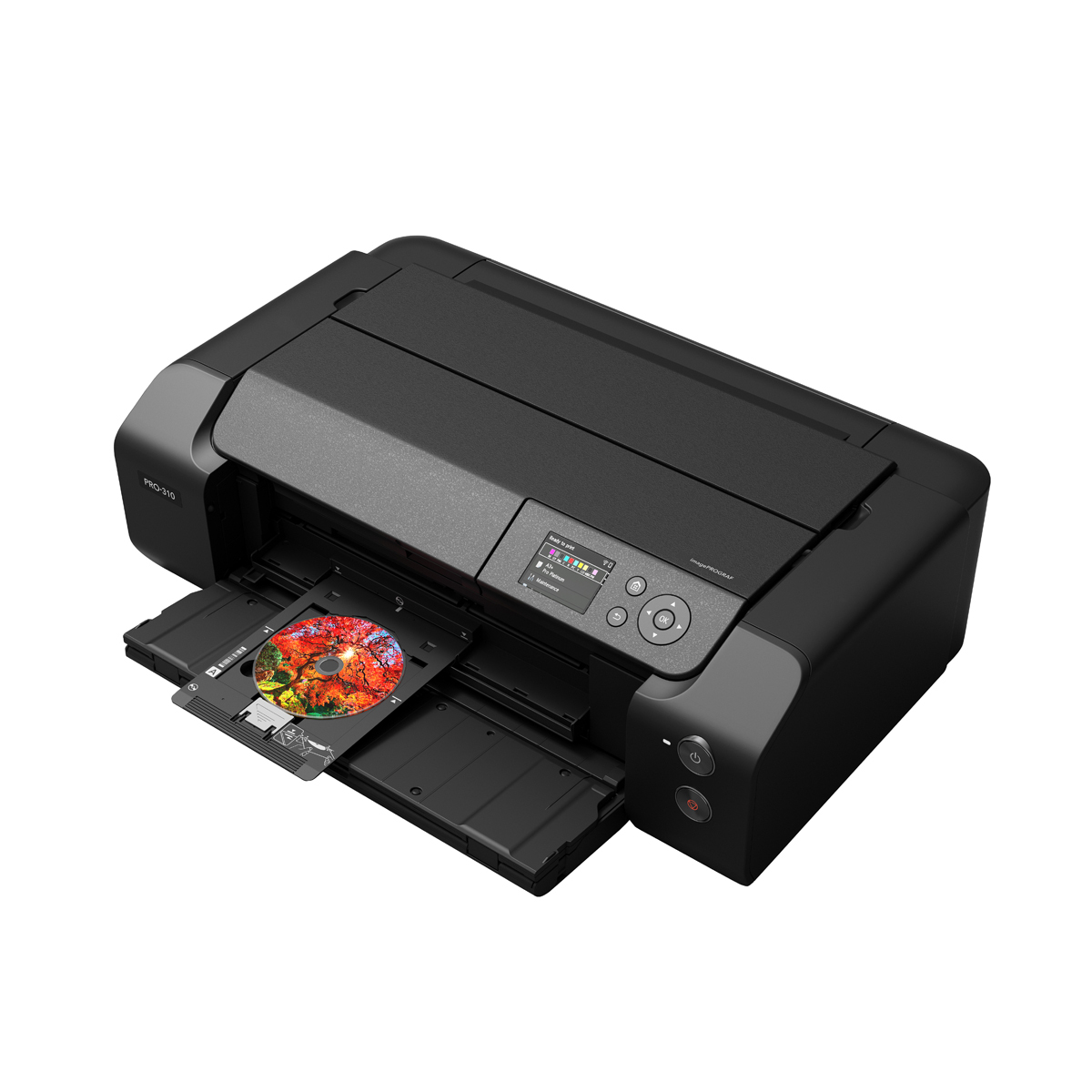 Schwarzer Canon Fotodrucker mit geöffneter Papierausgabe, während ein farbiges Foto gedruckt wird, schräg von oben auf weißem Hintergrund.