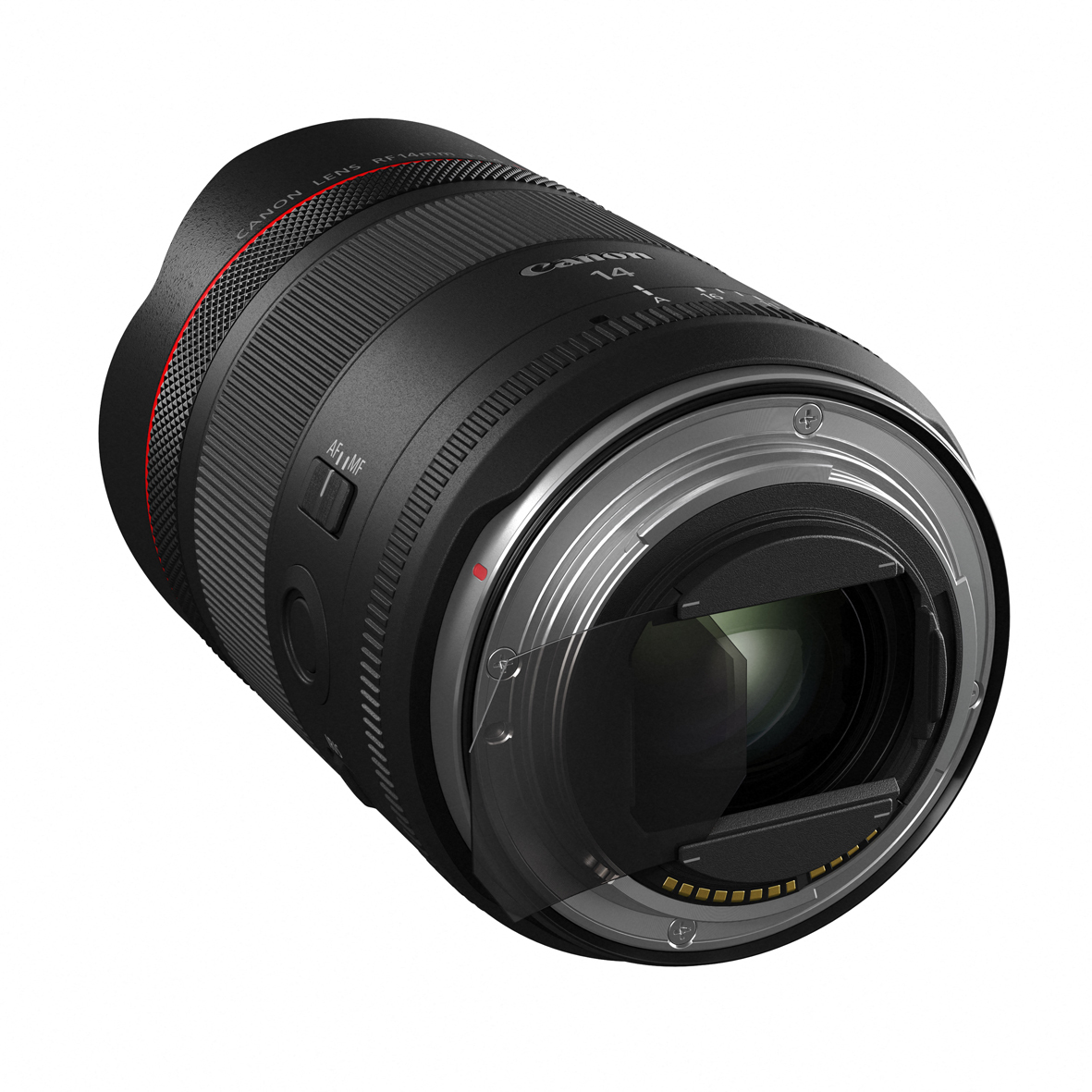 Perspektivische Rückansicht des Canon RF 14mm f/1.4 L VCM Ultraweitwinkel-Objektivs mit Fokus auf das robuste Metallbajonett, die elektronischen Kontakte und den rückseitigen Filterhalter auf weißem Hintergrund.