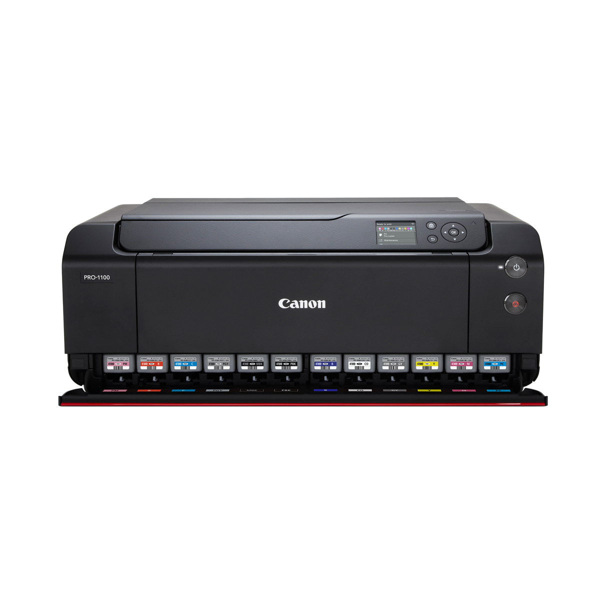 Schwarzer Canon Fotodrucker in Frontansicht mit geöffneter Tintenfach-Abdeckung und sichtbaren Tintenpatronen auf weißem Hintergrund.