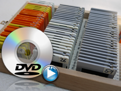 links ist eine DVD abgebildet und dahinter sind Diarahmen in 3 Reihen in einem Kästchen