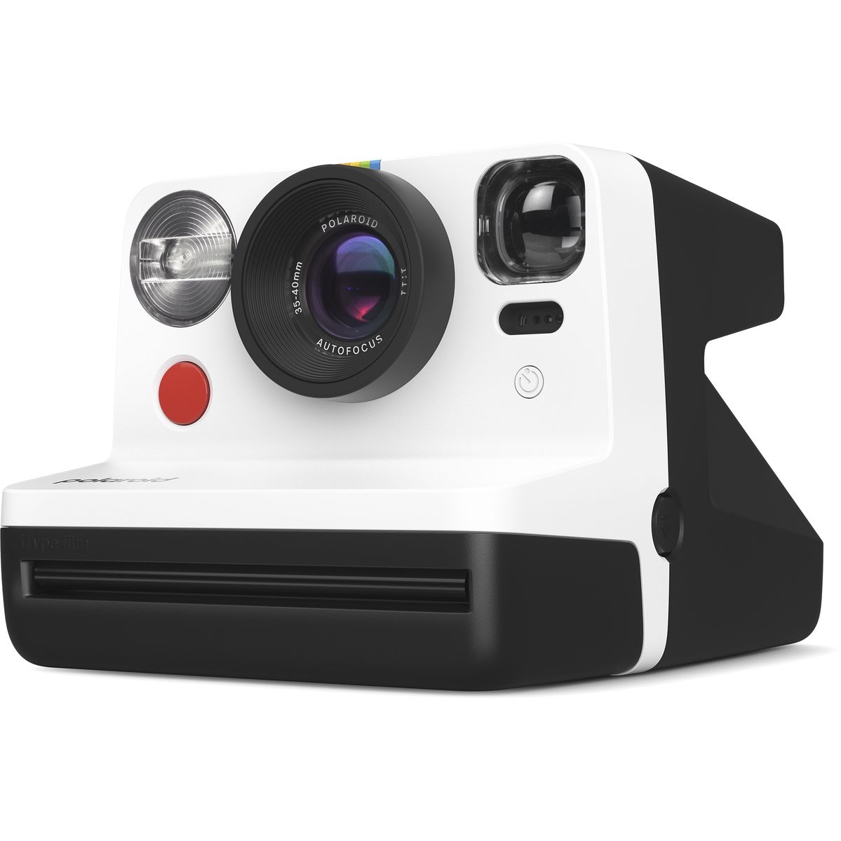 Weiße Polaroid-Sofortbildkamera mit großem Objektiv, Sucher, Blitz und rotem Auslöser. Frontansicht