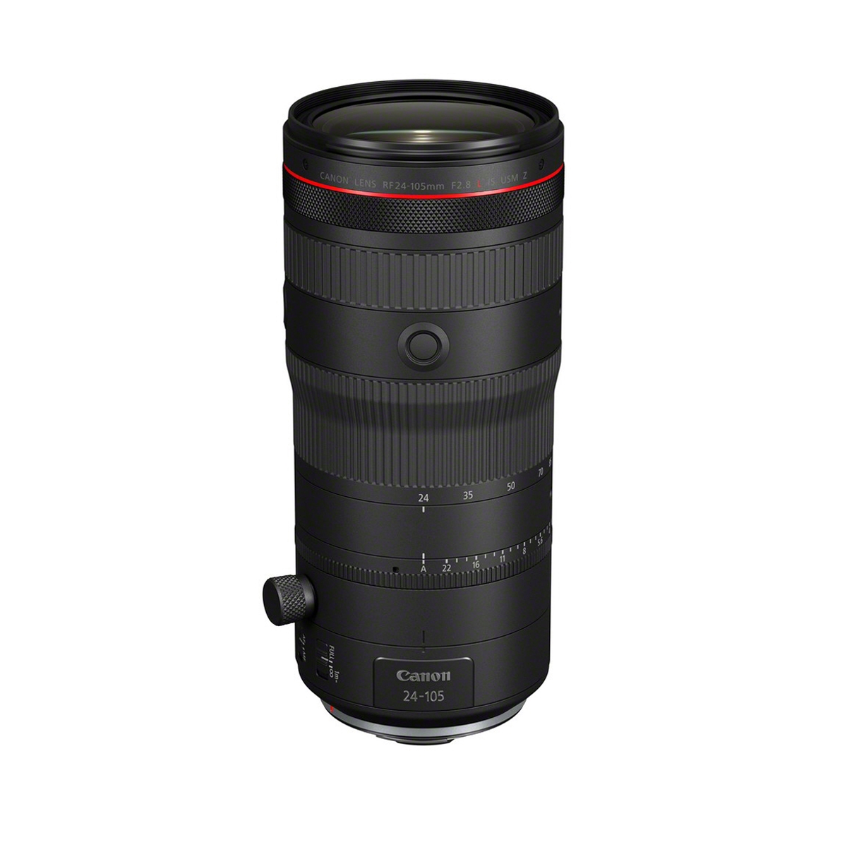 Canon RF 24–105 mm Telezoomobjektiv mit rotem Akzentring, Stativfuß und großer Frontlinse auf weißem Hintergrund.