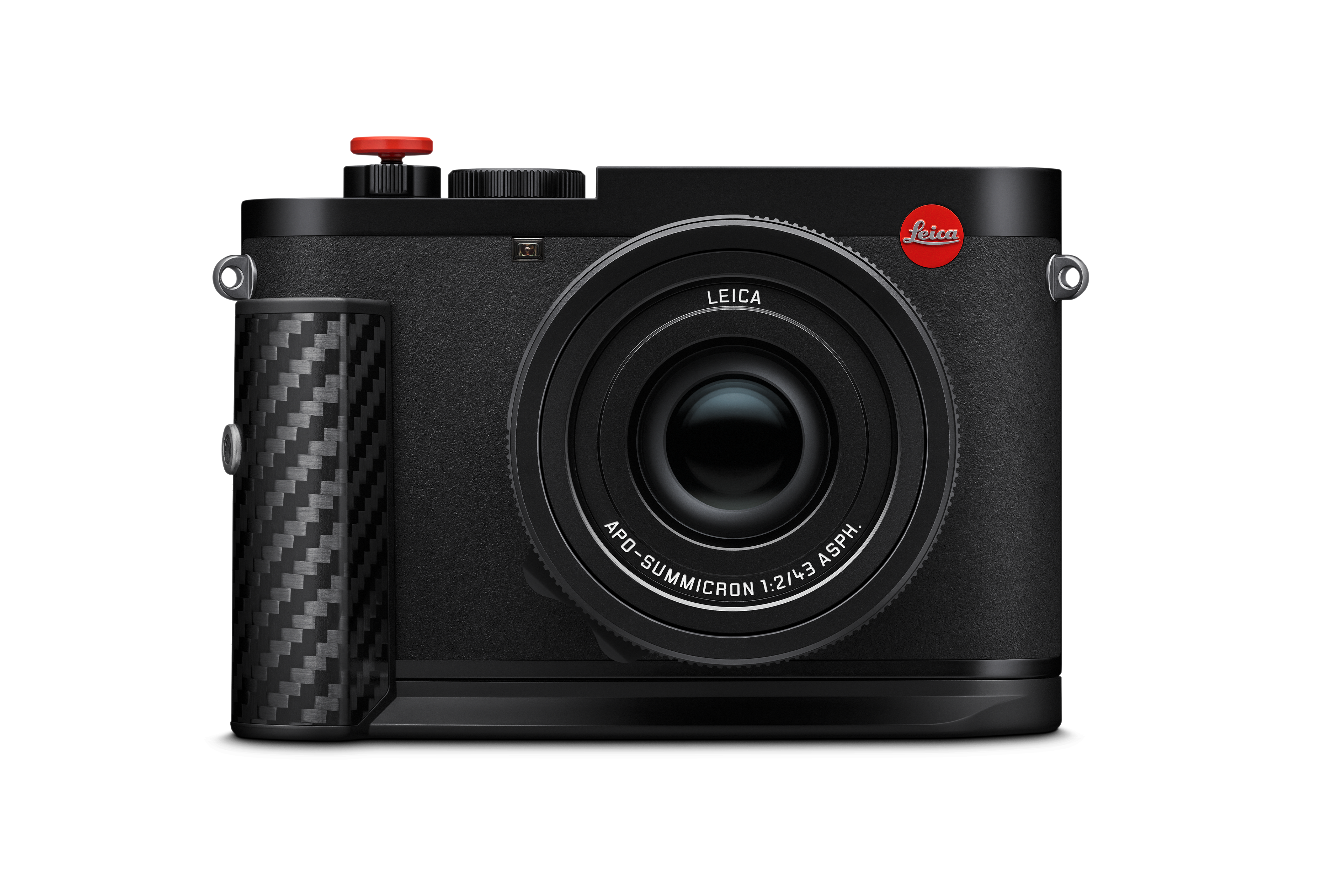 Frontansicht der Leica Q3 43 F1 mit APO-Summicron 43 mm Objektiv, Carbon-Griff und charakteristischem roten Leica-Logo.