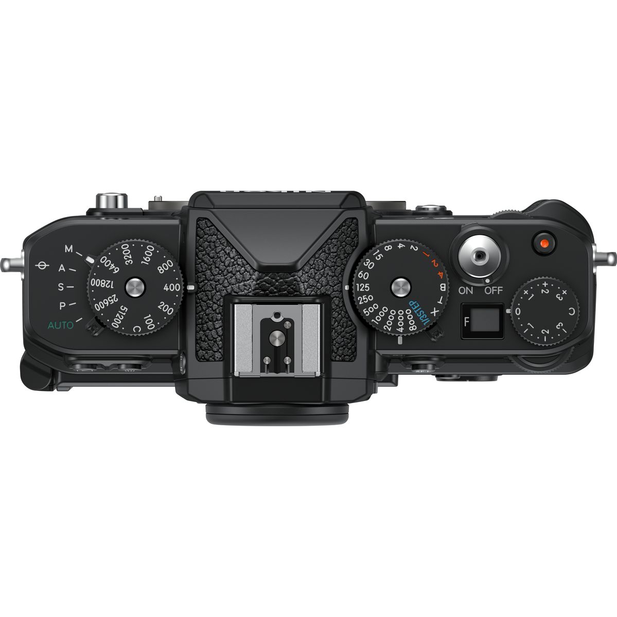 Direkte Draufsicht auf die Gehäuseoberseite einer komplett schwarzen Nikon Z f Systemkamera vor weißem Hintergrund mit detaillierter Sicht auf die analogen Einstellräder für ISO-Empfindlichkeit und Belichtungszeit, den Ein- und Ausschalter mit integrierte