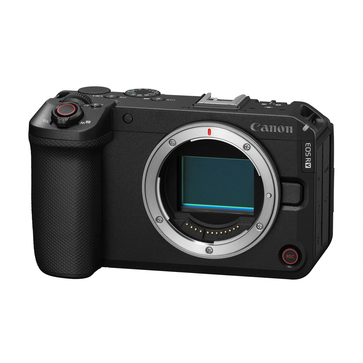 Schräge Frontansicht der spiegellosen Canon EOS R6 V Vollformat-Videokamera ohne Objektiv mit freigestelltem CMOS-Sensor, ergonomischem Handgriff und rotem Video-Aufnahmeknopf auf der Vorderseite vor weißem Hintergrund.