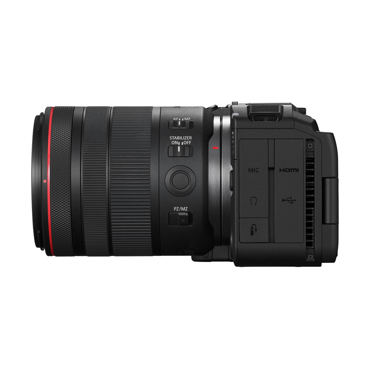 Seitenansicht der Canon EOS R5 C Cinema-Kamera mit montiertem Canon RF 24-105mm f/4 L IS USM Objektiv, Fokus auf die Schalter für Bildstabilisator sowie Autofokus, geschlossene Anschlussabdeckungen und die aktiven Lüftungsschlitze des Kühlsystems vor weiß