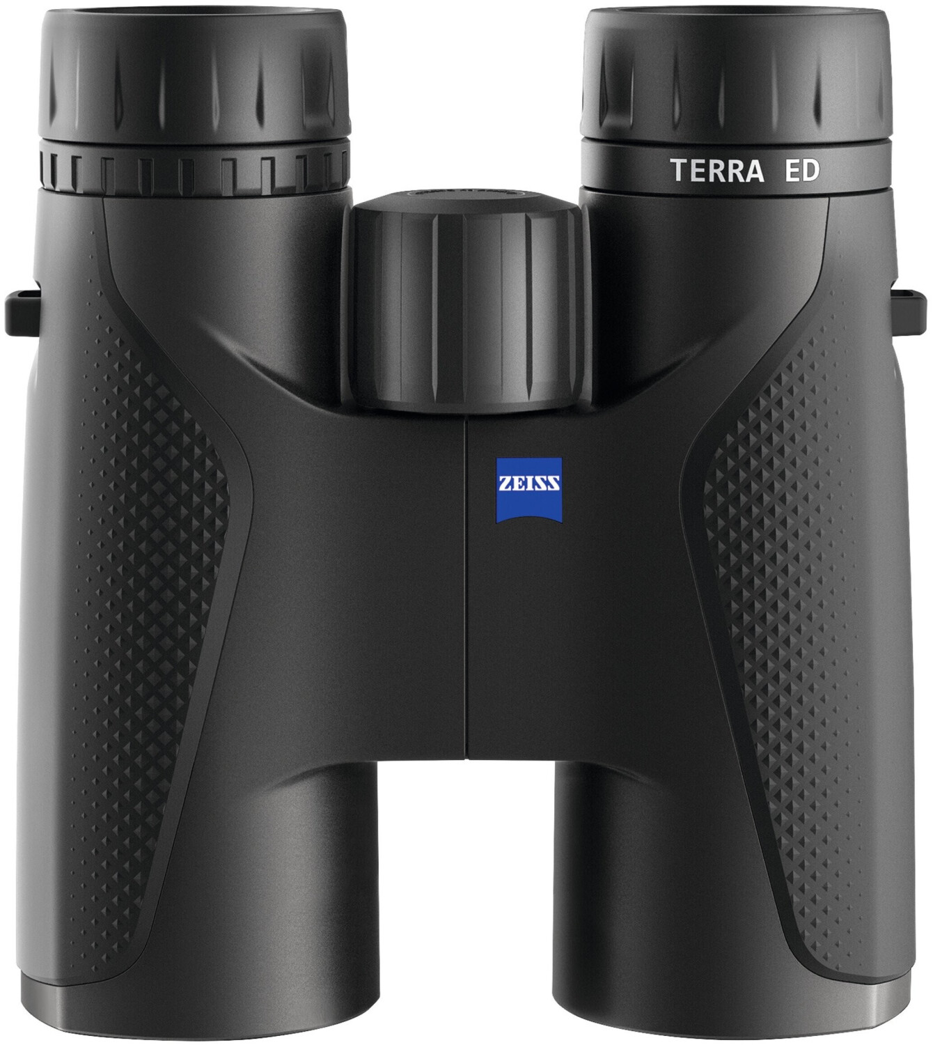 Ein kompaktes ZEISS Terra ED Dachkant-Fernglas in komplett schwarzer Ausführung, in der direkten Frontansicht zentriert vor einem weißen Hintergrund abgebildet [image_yVp-MI.png]. Das Gehäuse der beiden parallel verlaufenden Tuben besitzt ein mattes Oberf
