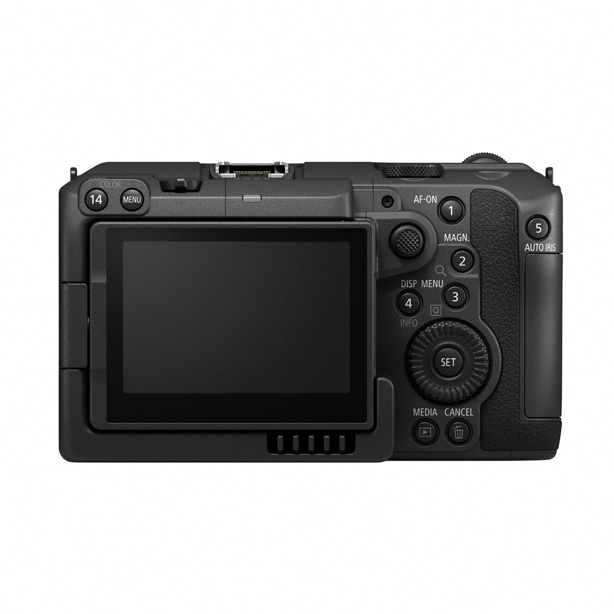 Rückansicht einer schwarzen Canon EOS C Cinema-Kamera mit großem Display, Steuerkreuz und seitlich angeordneten Bedientasten auf weißem Hintergrund.