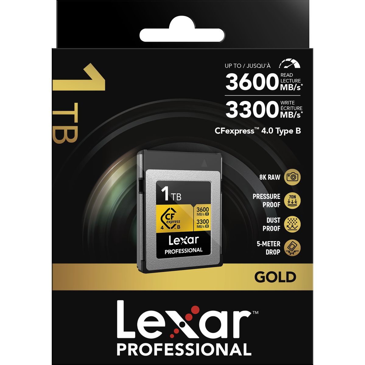 Verpackung einer Lexar Professional CFexpress 4.0 Typ B Speicherkarte aus der GOLD Series mit 1 TB Kapazität, bis zu 3600 MB/s Lesegeschwindigkeit und 3300 MB/s Schreibgeschwindigkeit.