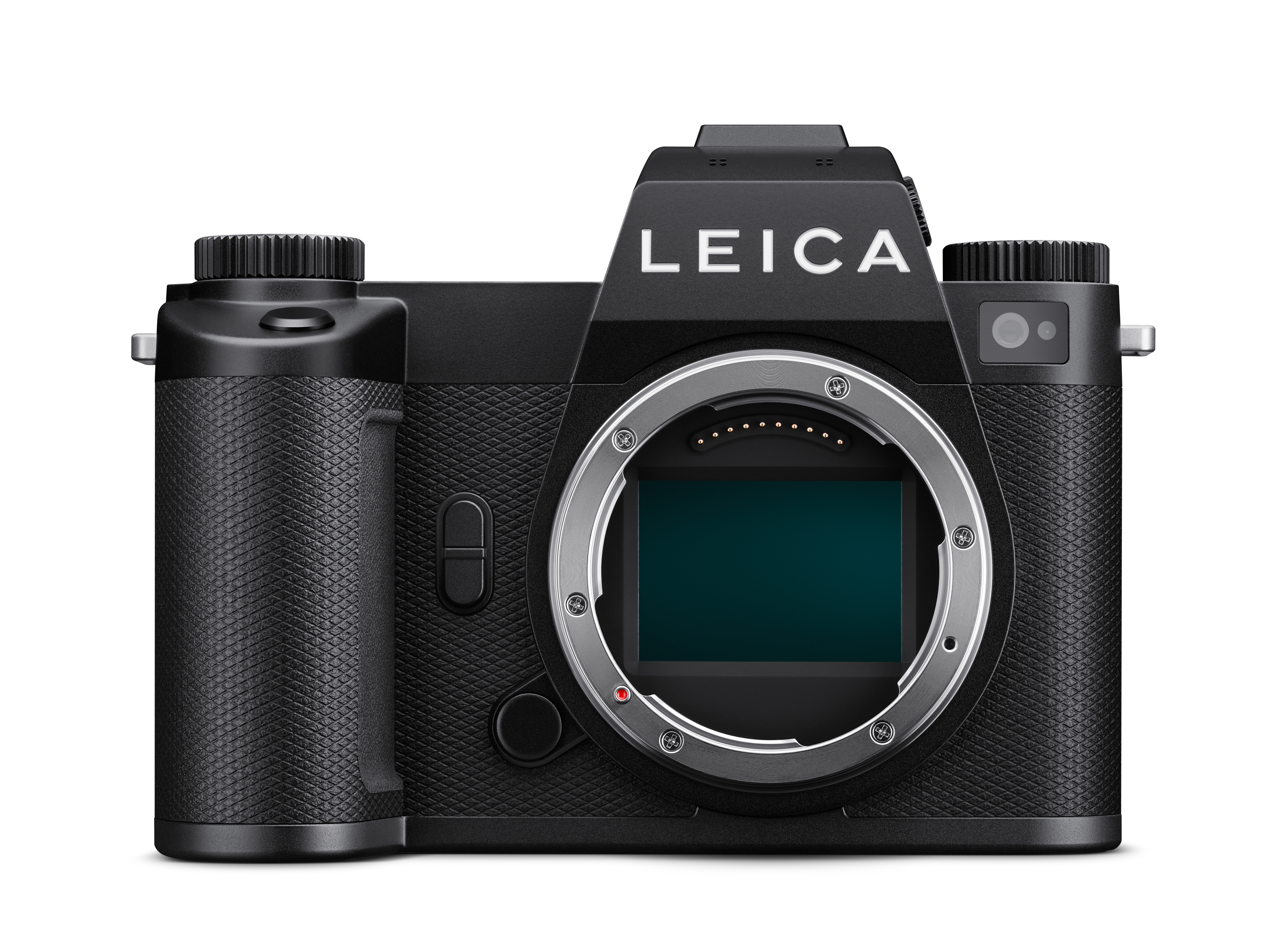 Die frontale Vorderansicht des spiegellosen Leica SL3-P Systemkamera-Gehäuses vor weißem Hintergrund mit offenem L-Mount-Bajonett, freiliegendem Vollformatsensor ohne den roten Leica-Punkt im unauffälligen „Stealth-Design“.