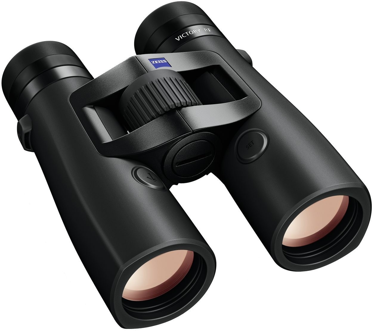 Das schwarze Premium-Fernglas ZEISS Victory RF mit integriertem Laser-Entfernungsmesser, in einer schrägen Perspektive von vorne oben auf weißem Hintergrund fotografiert. Auf beiden Tuben ist im mittleren Bereich jeweils eine runde, gummierte Bediener-Tas
