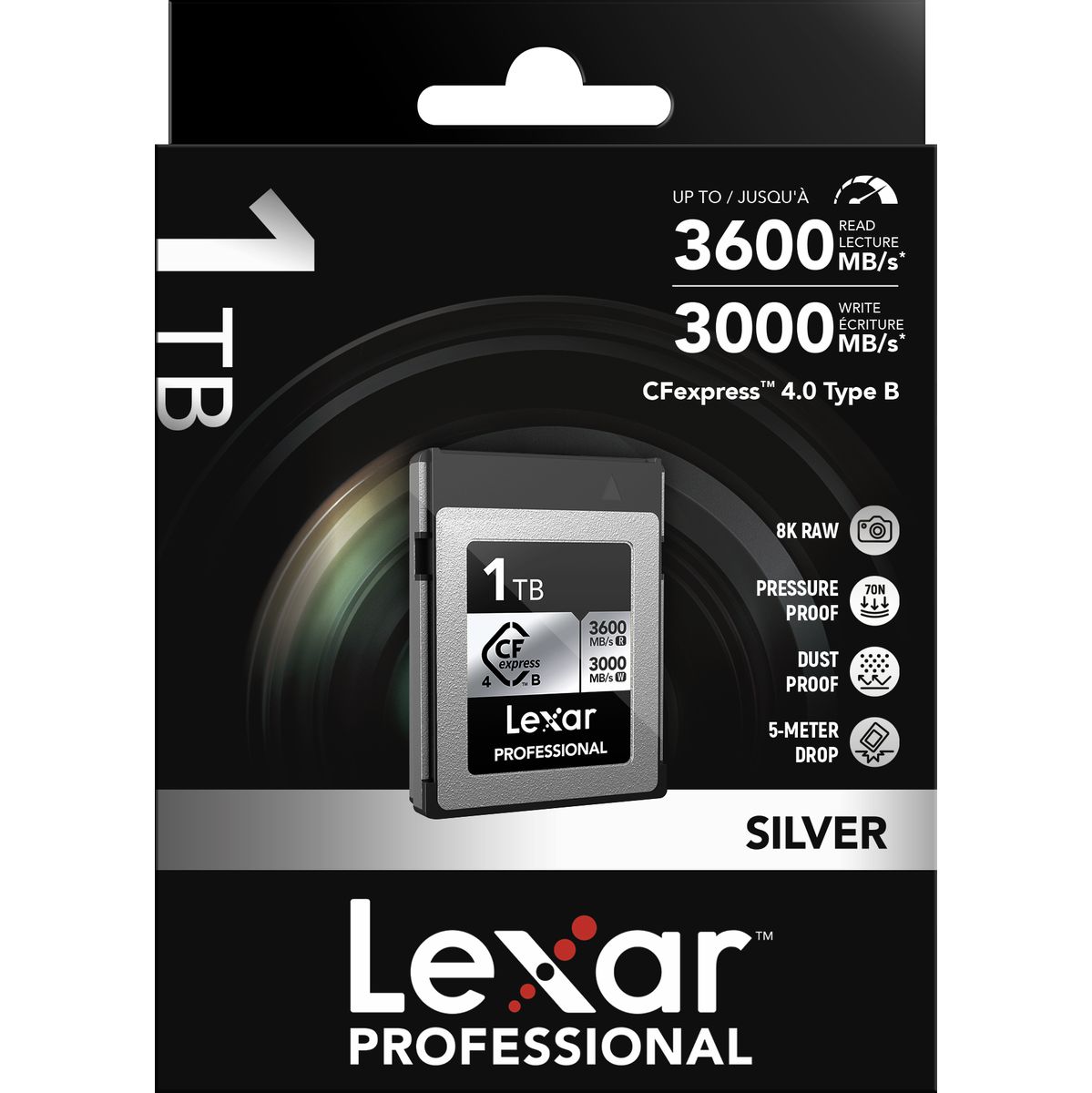 Verpackung einer Lexar Professional CFexpress 4.0 Typ B Speicherkarte aus der SILVER Series mit 1 TB Kapazität und bis zu 3600 MB/s Lesegeschwindigkeit.