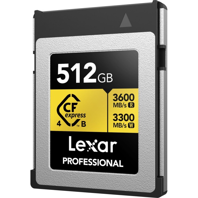 Lexar Professional CFexpress 4.0 Typ B Speicherkarte mit 512 GB Kapazität, bis zu 3600 MB/s Lesegeschwindigkeit und 3300 MB/s Schreibgeschwindigkeit.