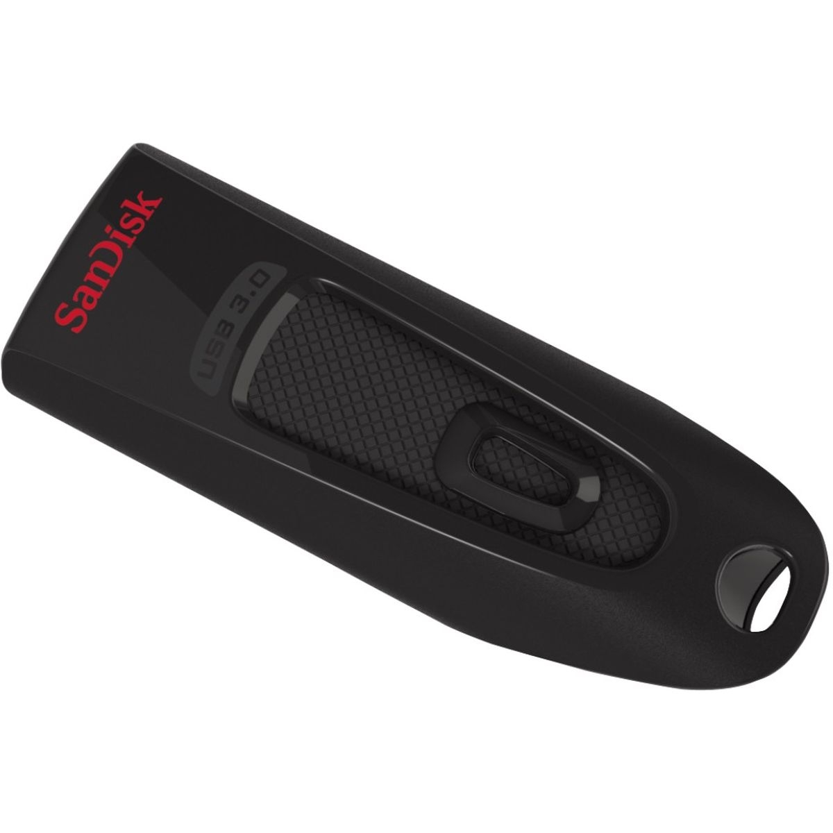 Gedrehte schräge Draufsicht eines schwarzen SanDisk Ultra USB 3.0 Flash Drives mit komplett eingefahrenem Stecker, rotem SanDisk-Markenlogo, strukturiertem Schieber und Schlüsselring-Öse vor weißem Hintergrund.