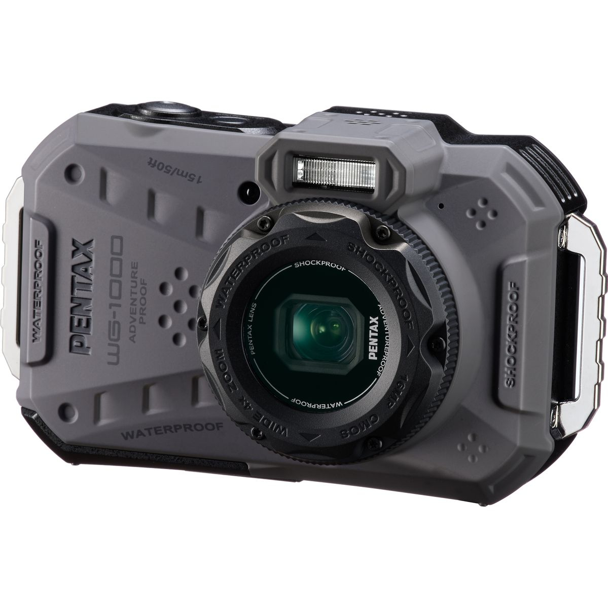 Robuste grau-schwarze PENTAX WG-90 Outdoor-Kompaktkamera mit integriertem Blitz und zentralem Objektiv vor weißem Hintergrund.