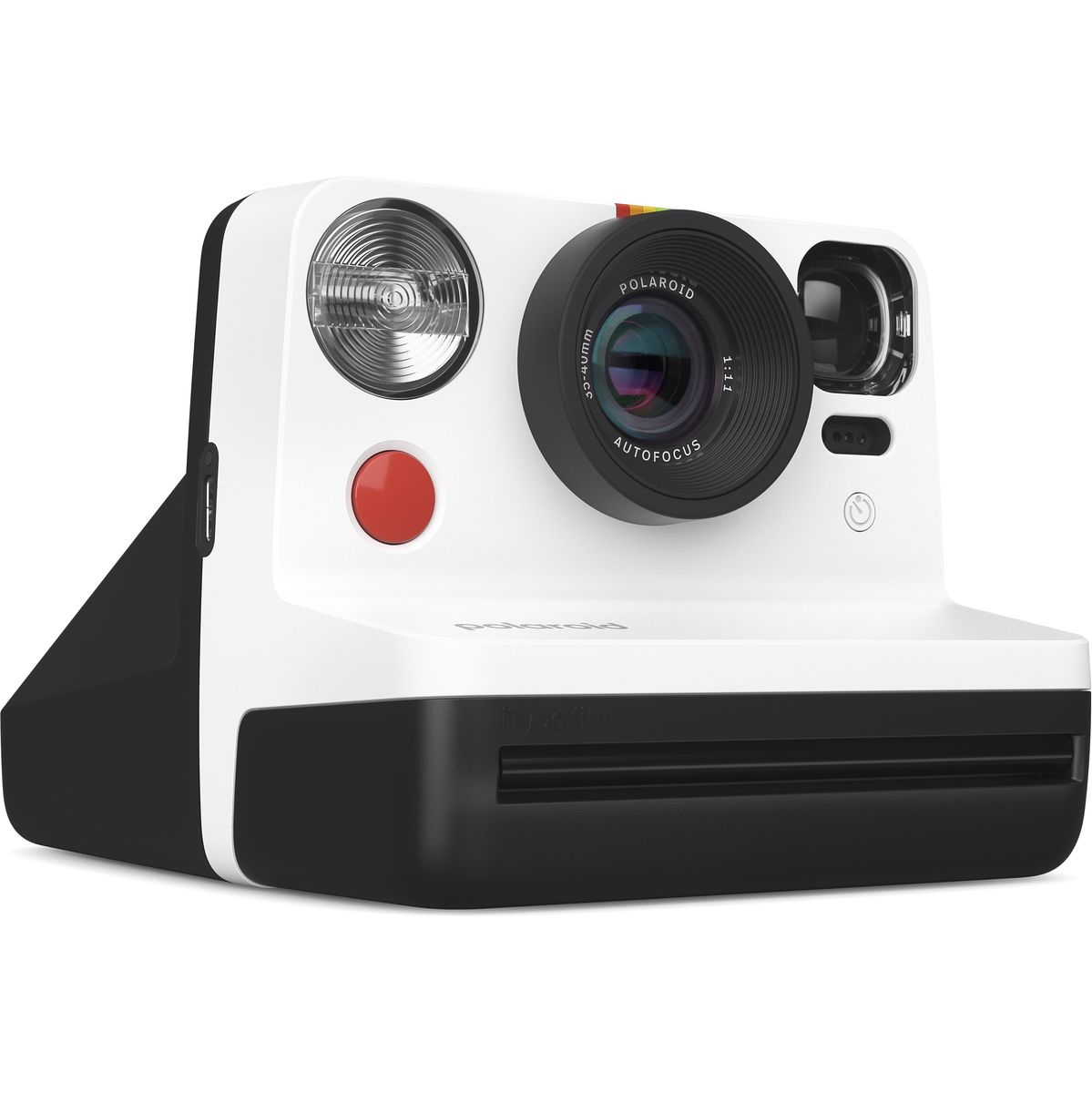 Weiße Polaroid-Sofortbildkamera mit großem Objektiv, Sucher, Blitz und rotem Auslöser. Seitenansicht