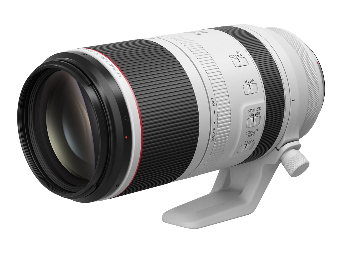 Canon RF 100-500mm L IS USM Telezoom-Objektiv in Weiß – schräge Seitenansicht