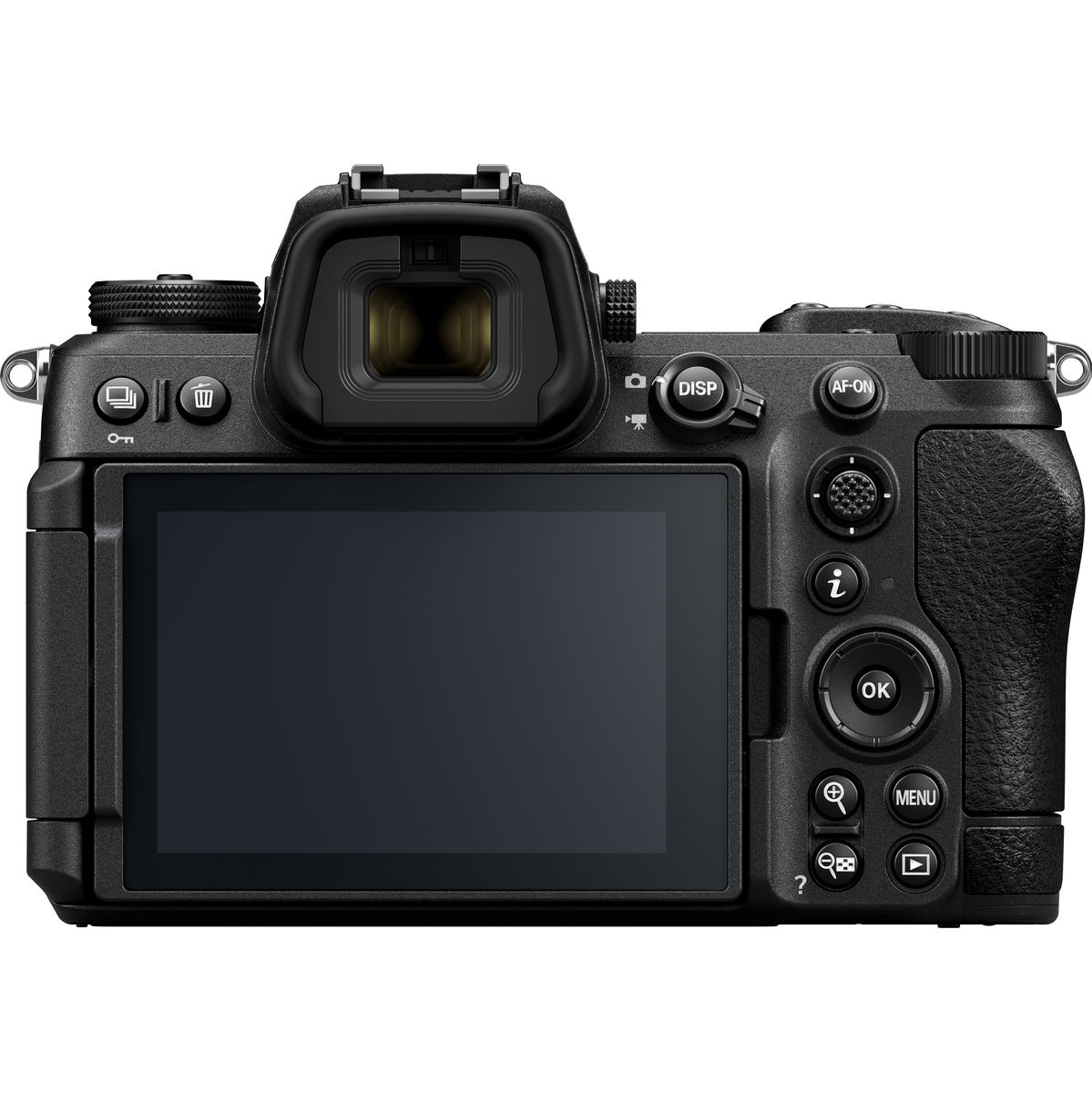 Direkte Rückansicht einer schwarzen Nikon Z6 II Systemkamera vor weißem Hintergrund mit geschlossenem, ausgeschaltetem LCD-Display, einem großen elektronischen Sucher (EVF) mit Augensensor und der rechtsseitigen Tastenbelegung samt AF-ON-Taste, Fokus-Joys