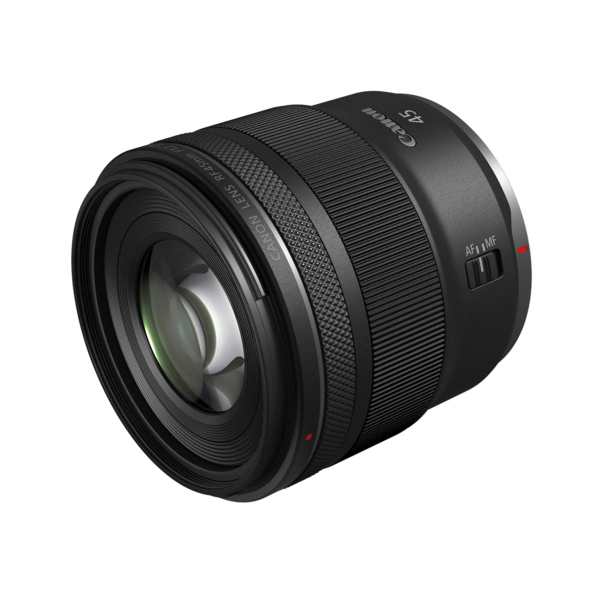Schräge Produktansicht des schwarzen Canon RF 45mm f/1.2 STM Festbrennweiten-Objektivs für spiegellose Vollformatkameras mit Fokus auf das Bajonett, den AF/MF-Schalter und den geriffelten Steuerring auf weißem Hintergrund.
