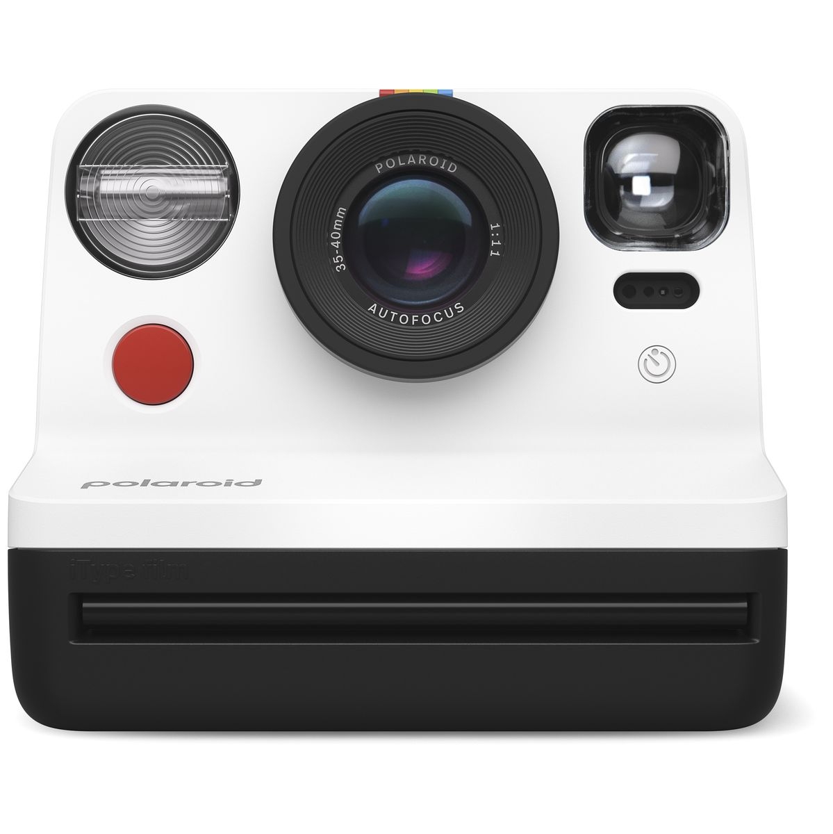 Weiße Polaroid-Sofortbildkamera mit großem Objektiv, Sucher, Blitz und rotem Auslöser.