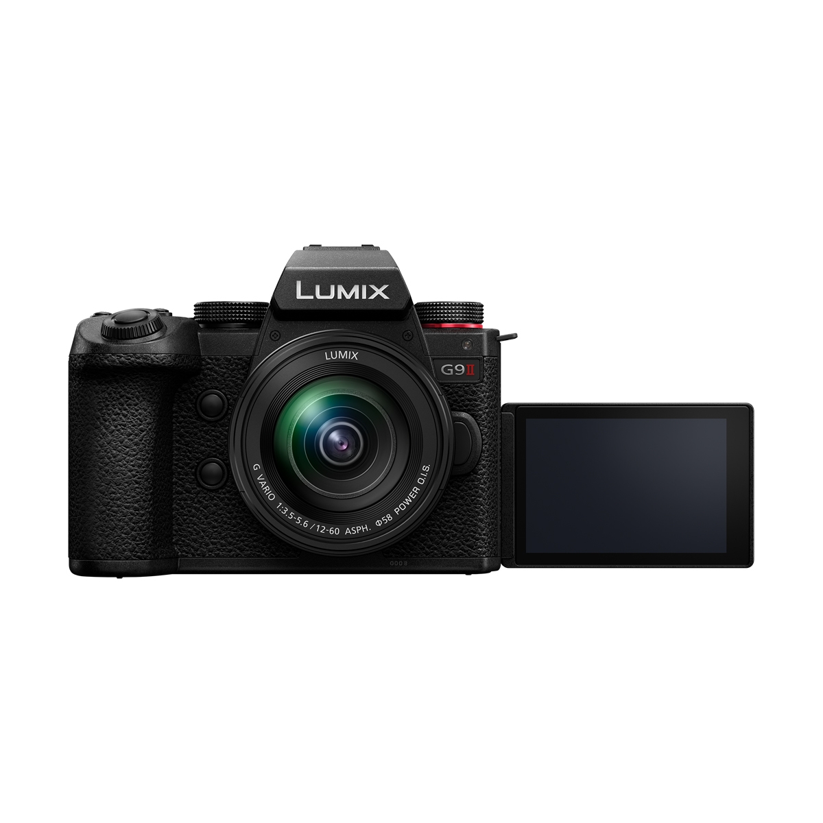 Panasonic LUMIX G9 II Systemkamera mit Zoomobjektiv und seitlich ausgeklapptem Display in frontaler Ansicht auf weißem Hintergrund.