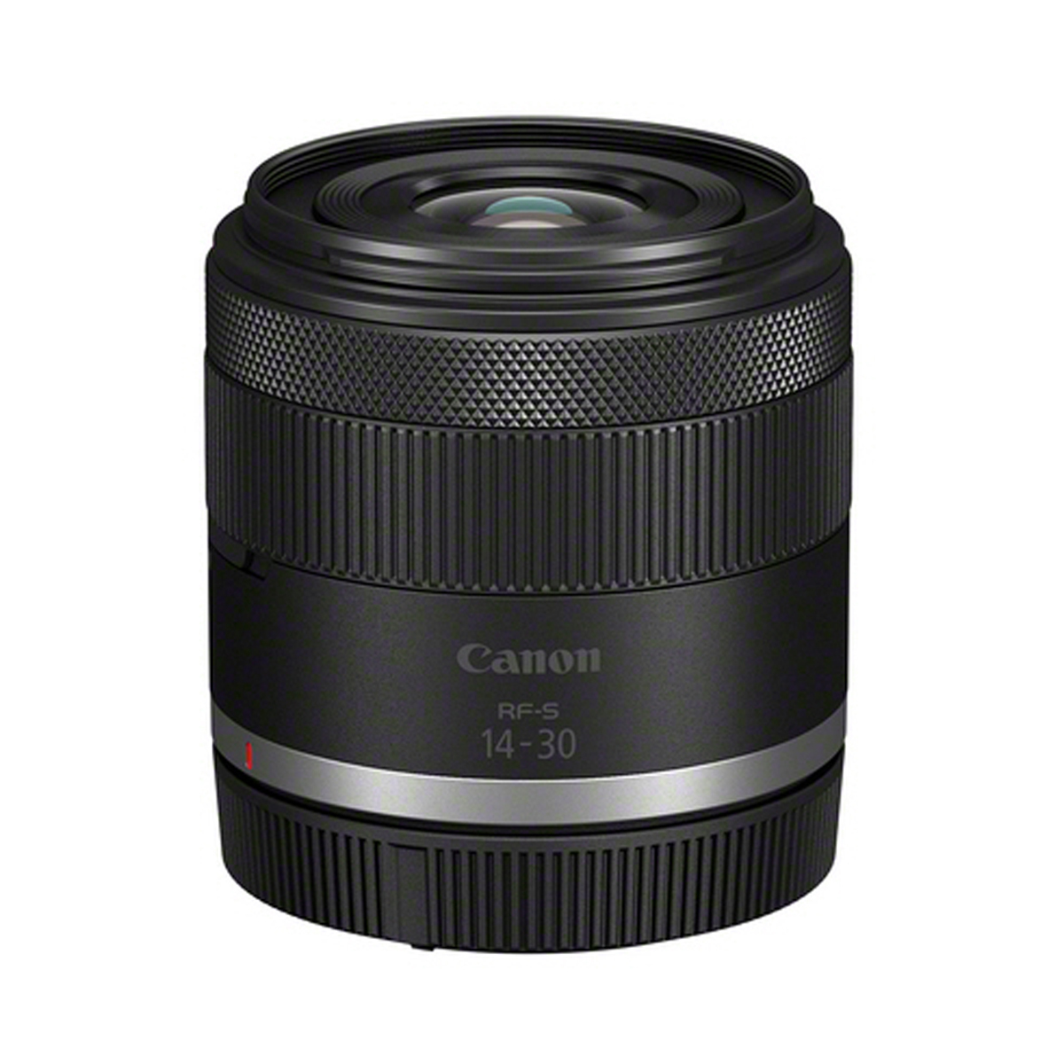 Canon RF-S 14–30 mm Zoomobjektiv in Schwarz mit breitem Zoomring und kompaktem Gehäuse, frontal auf weißem Hintergrund.