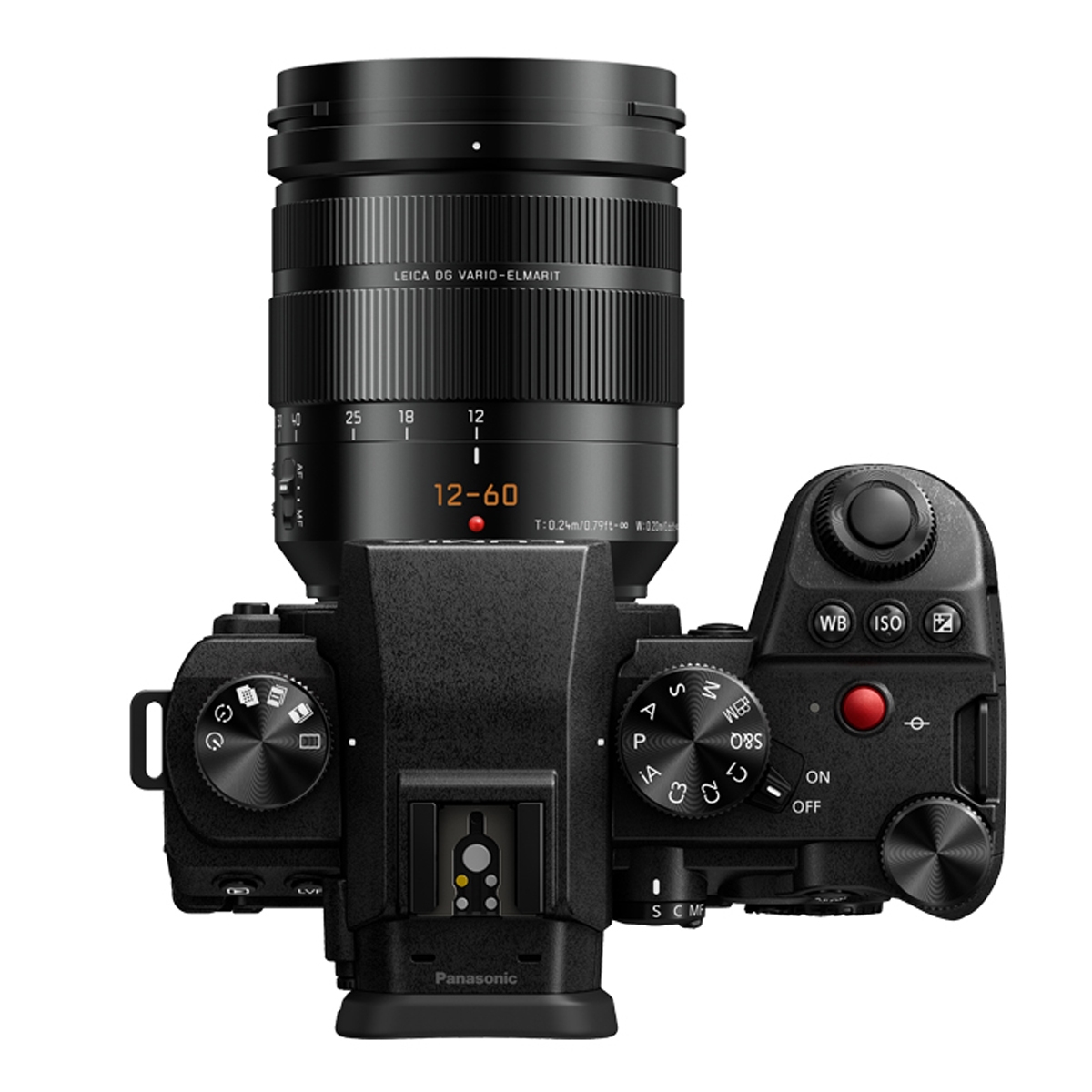 Panasonic LUMIX G9 II Systemkamera in Draufsicht mit angesetztem 12–60-mm-Zoomobjektiv und sichtbaren Bedienelementen.
