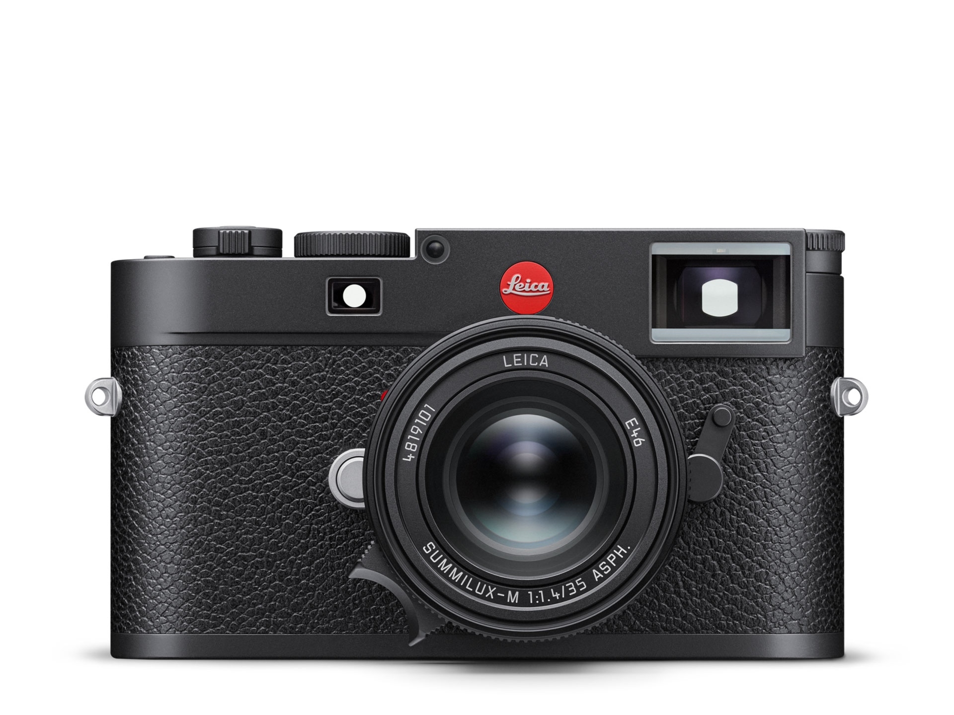 Leica M Messsucherkamera in Schwarz mit Summilux-M Objektiv in Frontansicht