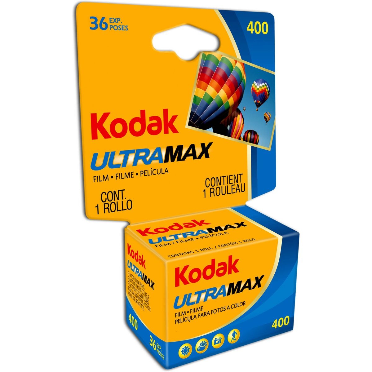 Verpackung eines Kodak UltraMax 400 Farbnegativfilms mit ISO 400 und 36 Aufnahmen in gelb-blauem Design.