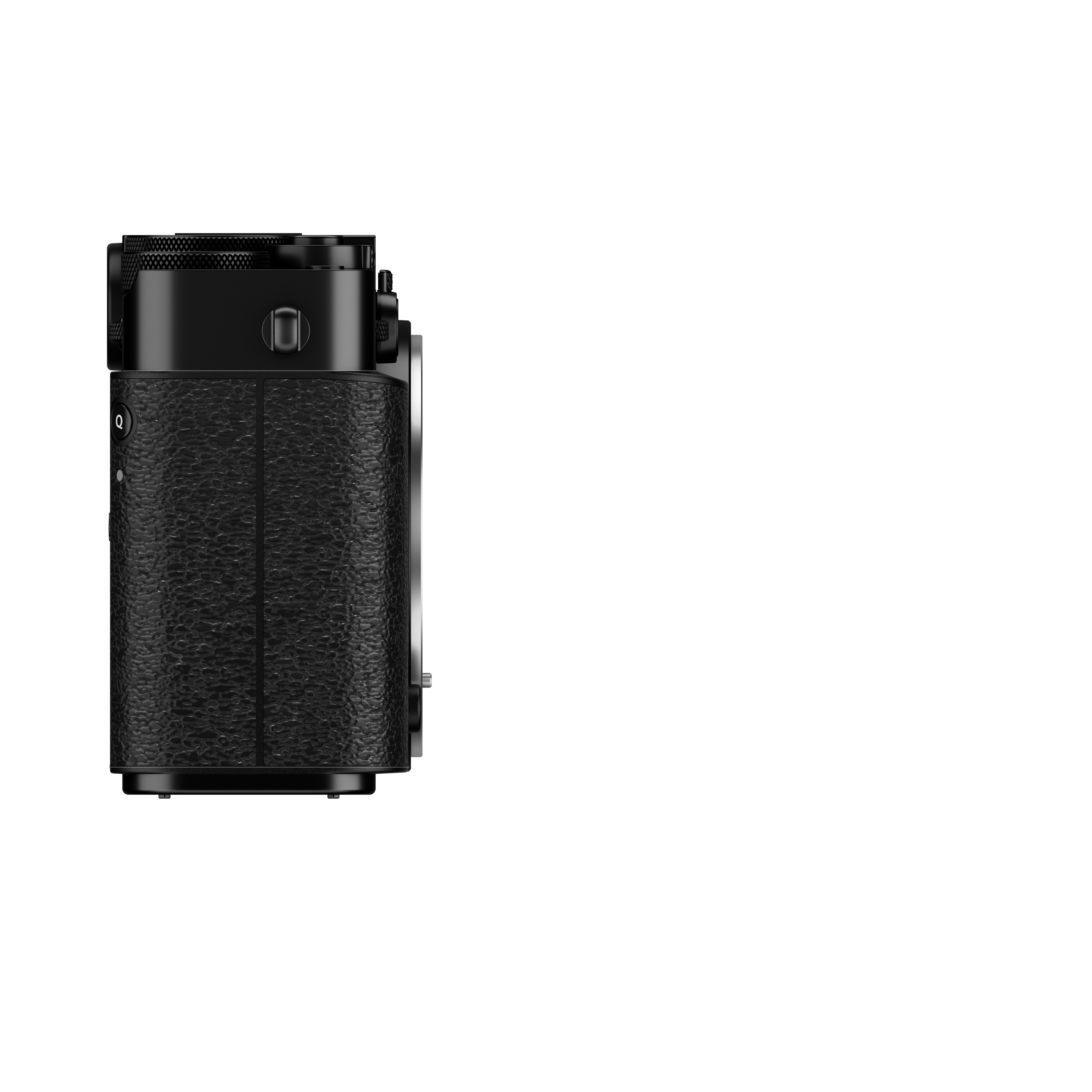 Schwarze spiegellose Systemkamera der Fujifilm X-E Serie in der rechten Seitenansicht vor weißem Hintergrund, mit Fokus auf das strukturierte Gehäuse im Griffbereich, die schwarze Öse für den Trageriemen und die geschlossene Abdeckung an der Seite.