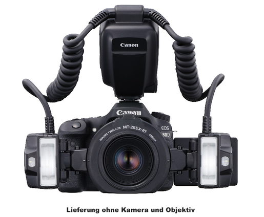 Canon Makro-Zwillingsblitz mit zwei seitlich am Objektiv montierten Blitzköpfen und zentralem Steuergerät auf einer Kamera; Kamera und Objektiv dienen nur zur Veranschaulichung.