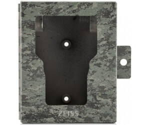 Die direkte Frontansicht eines robusten, oliv-grauen ZEISS Secacam 1 Metallgehäuses für Wildkameras, freigestellt vor einem rein weißen Hintergrund [image_TkaKkQ.png]. Der massive Stahlschrank zum Diebstahlschutz besitzt eine passgenaue, T-förmige Frontau