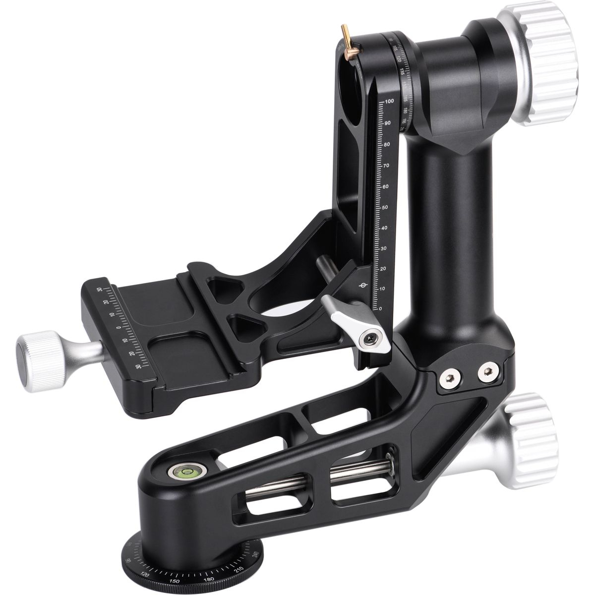 Ein schwarzer Sunwayfoto GH-02 Gimbal-Stativkopf (Affenhaus-Kopf) aus Aluminium vor weißem Hintergrund mit silbernen Verstellknöpfen, einer integrierten Libelle (Wasserwaage), einer Schnellwechselbasis sowie eingravierten Millimeter- und Gradskalen zur pr