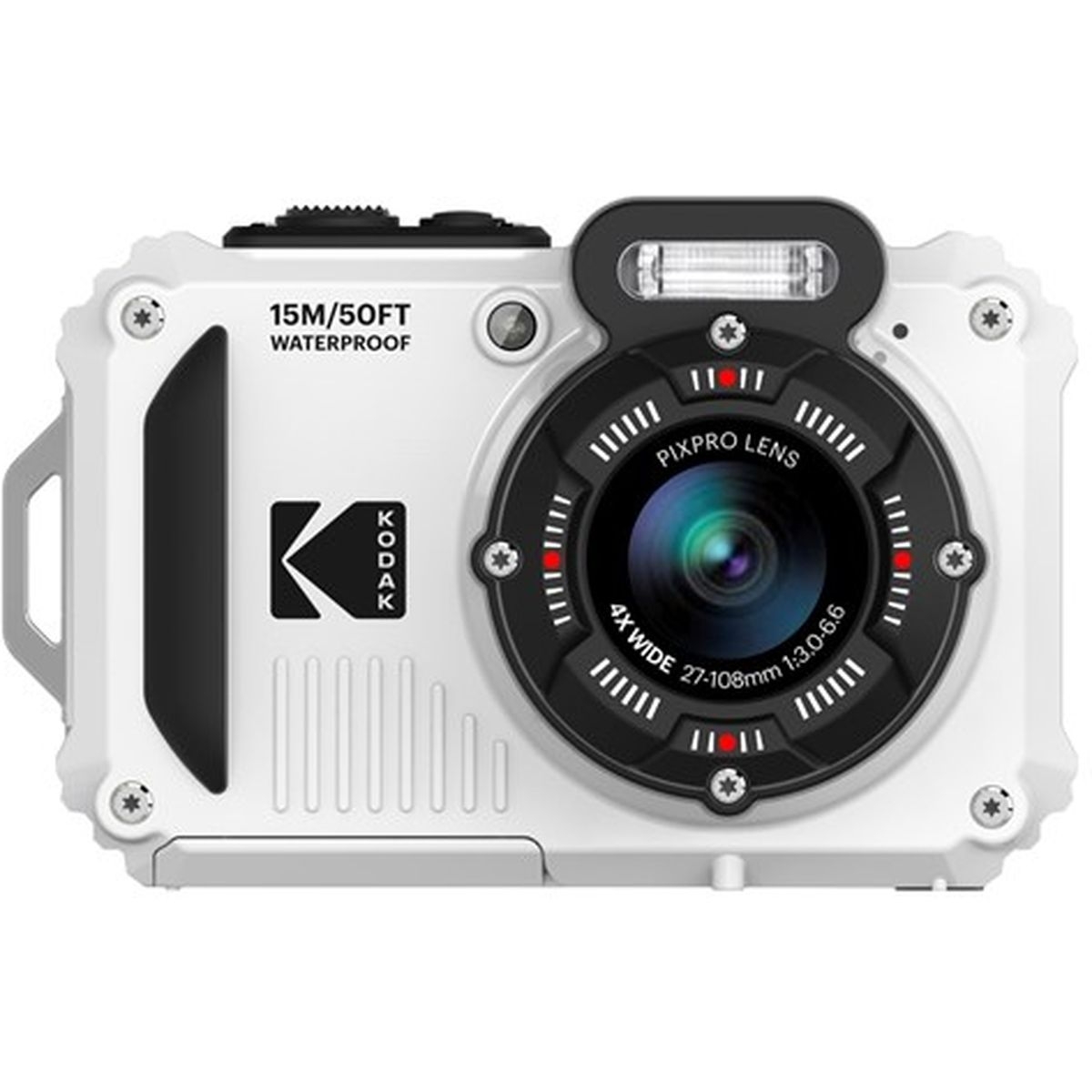 Frontansicht einer robusten, wasserdichten Kodak Pixpro WPZ2 Digitalkamera in Weiß vor weißem Hintergrund mit gut sichtbarem Markenlogo, integriertem Blitz und der Aufschrift 15M/50FT Waterproof.