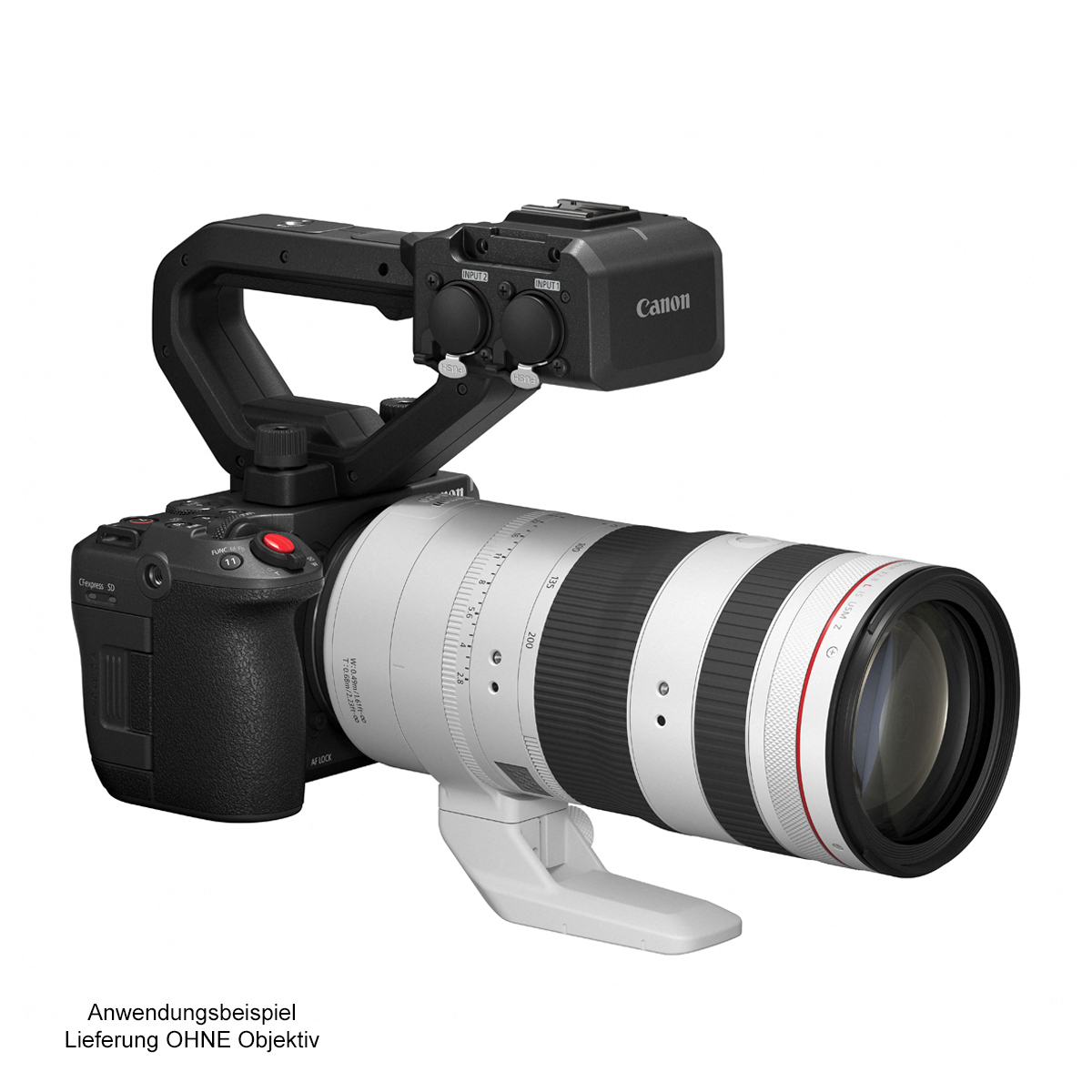 Canon EOS C Cinema-Kamera mit großem weißem Canon Teleobjektiv und montiertem Handgriff, schräg von vorne auf weißem Hintergrund; Hinweis: Anwendungsbeispiel, Lieferung ohne Objektiv.