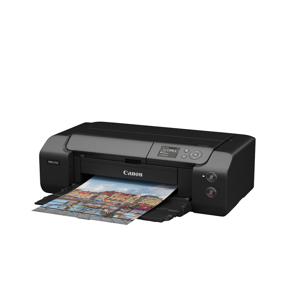 Schwarzer Canon Fotodrucker beim Ausgeben eines farbigen Fotodrucks, schräg von vorne auf weißem Hintergrund.