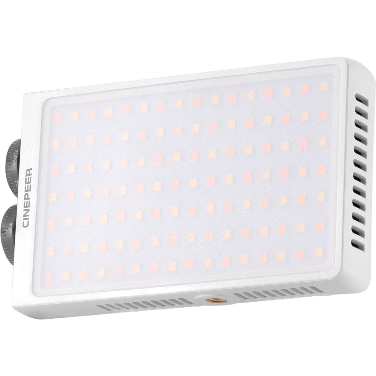 Die frontale Vorderansicht des weißen Zhiyun Cinepeer CM25 LED-Dauerlichts vor weißem Hintergrund mit direktem Blick auf die matte, komplett weiße Diffusorfläche des LED-Panels, an dessen linkem Rand die zwei grauen Einstellräder hervorstehen.