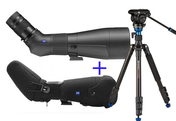 Ein dreiteiliges Produktset auf weißem Hintergrund, bestehend aus einem großen, schwarzen ZEISS Spektiv mit Schrägeinblick im oberen Bereich. Darunter ist die passgenaue, schwarze Neopren-Bereitschaftstasche mit dem blauen ZEISS-Logo abgebildet, getrennt