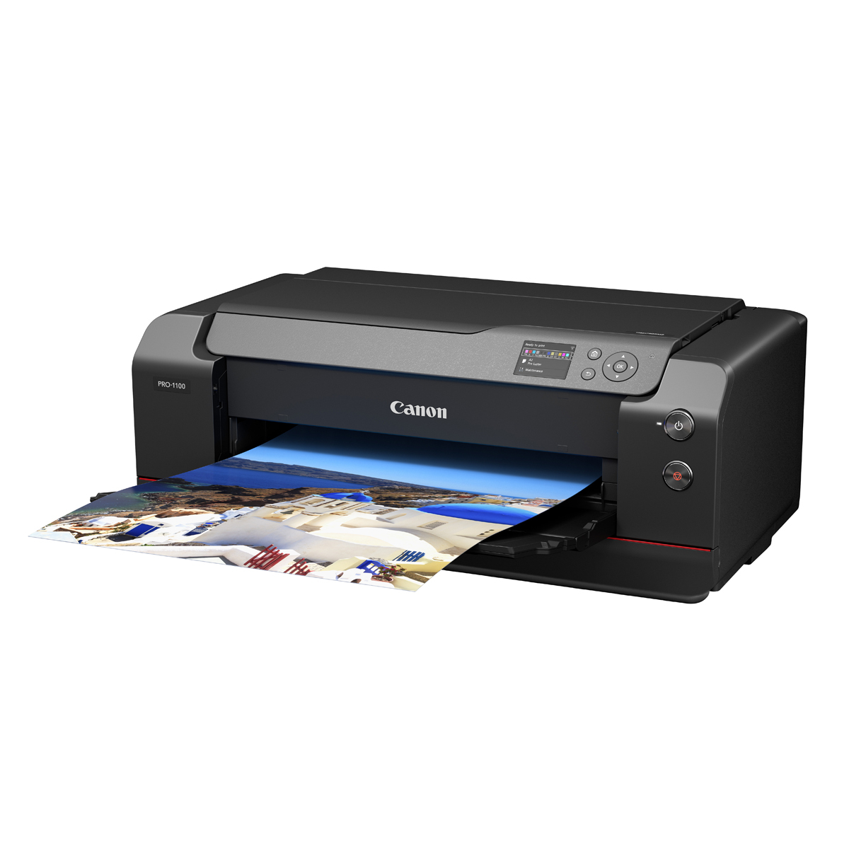 Schwarzer Canon Fotodrucker beim Ausgeben eines farbigen Fotodrucks, schräg von vorne auf weißem Hintergrund.