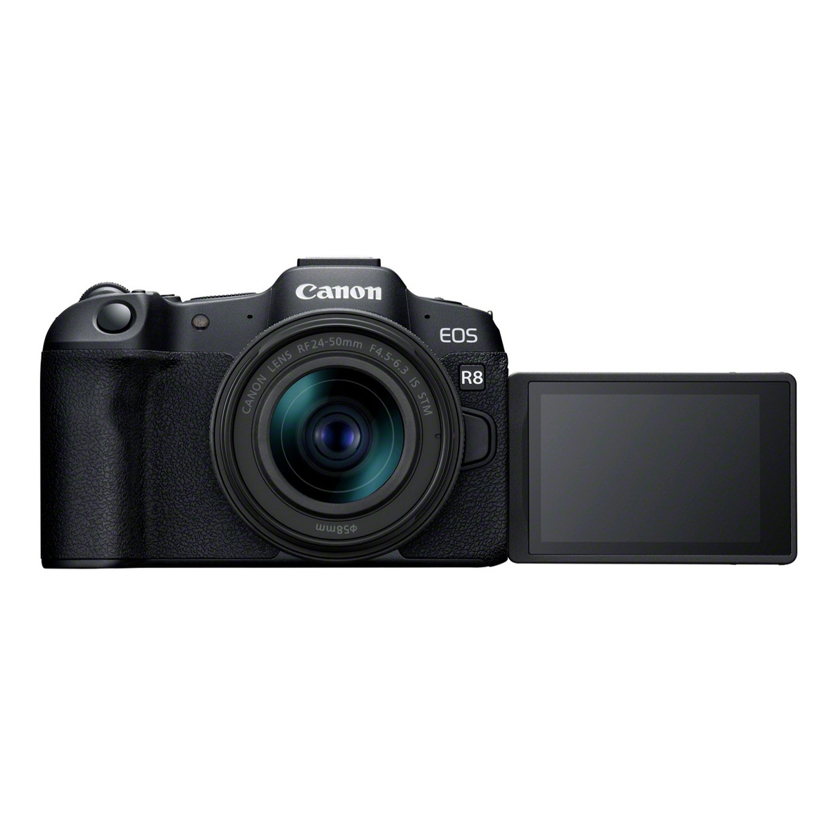 Canon EOS R8 spiegellose Vollformatkamera mit Objektiv und ausgeklapptem Display