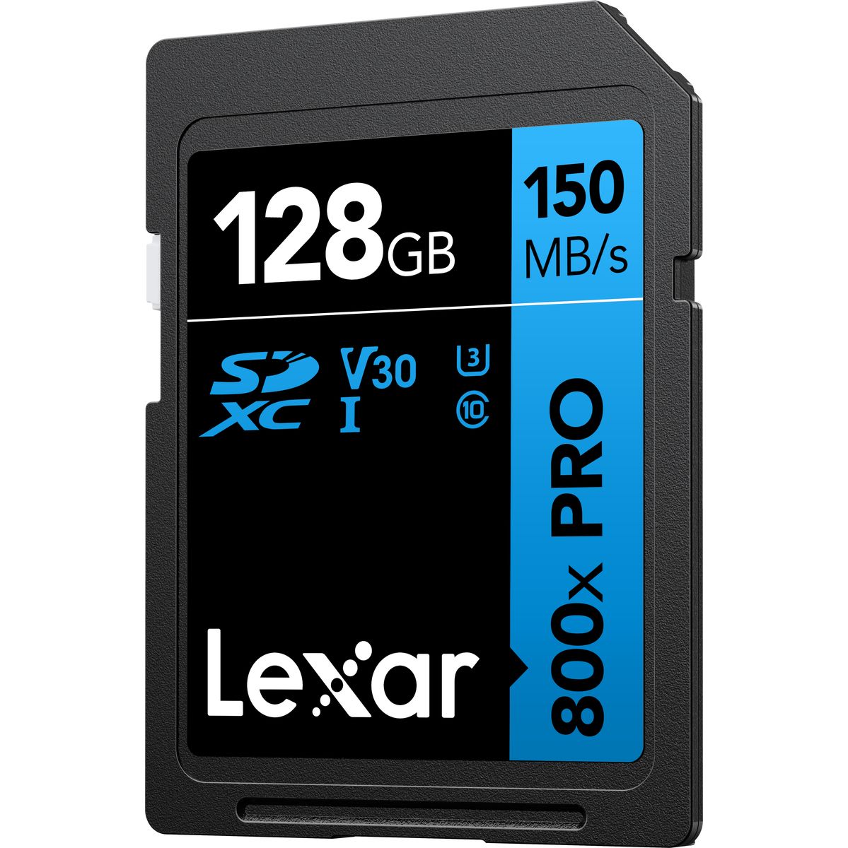 Lexar Professional 800x SDXC-Speicherkarte mit 128 GB Kapazität, V30-Klassifizierung und bis zu 150 MB/s Lesegeschwindigkeit vor weißem Hintergrund.