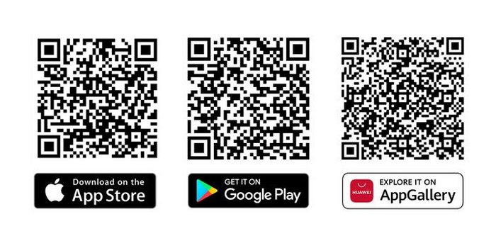 Drei QR-Codes nebeneinander mit Logos und Download-Hinweisen für den Apple App Store, Google Play und die Huawei AppGallery.