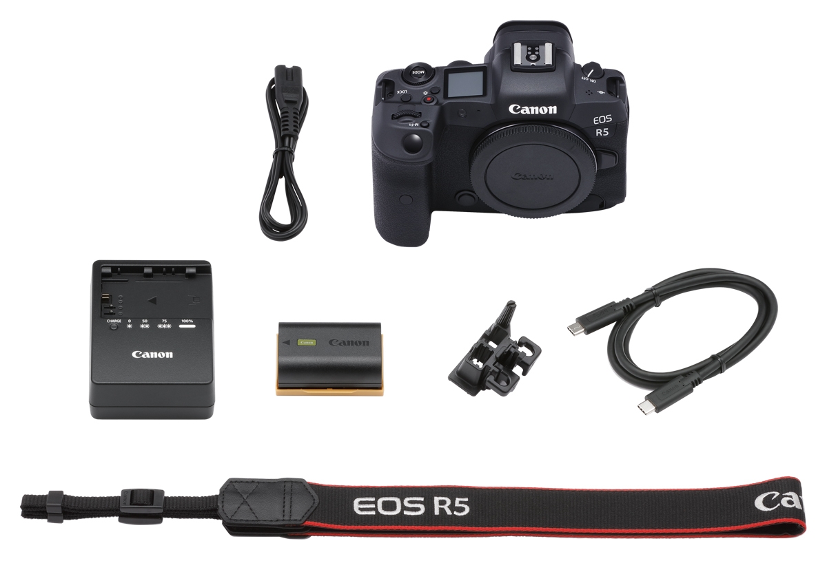 Canon EOS R5 Systemkamera mit Akku, Ladegerät, Kabeln, Trageriemen und Zubehör