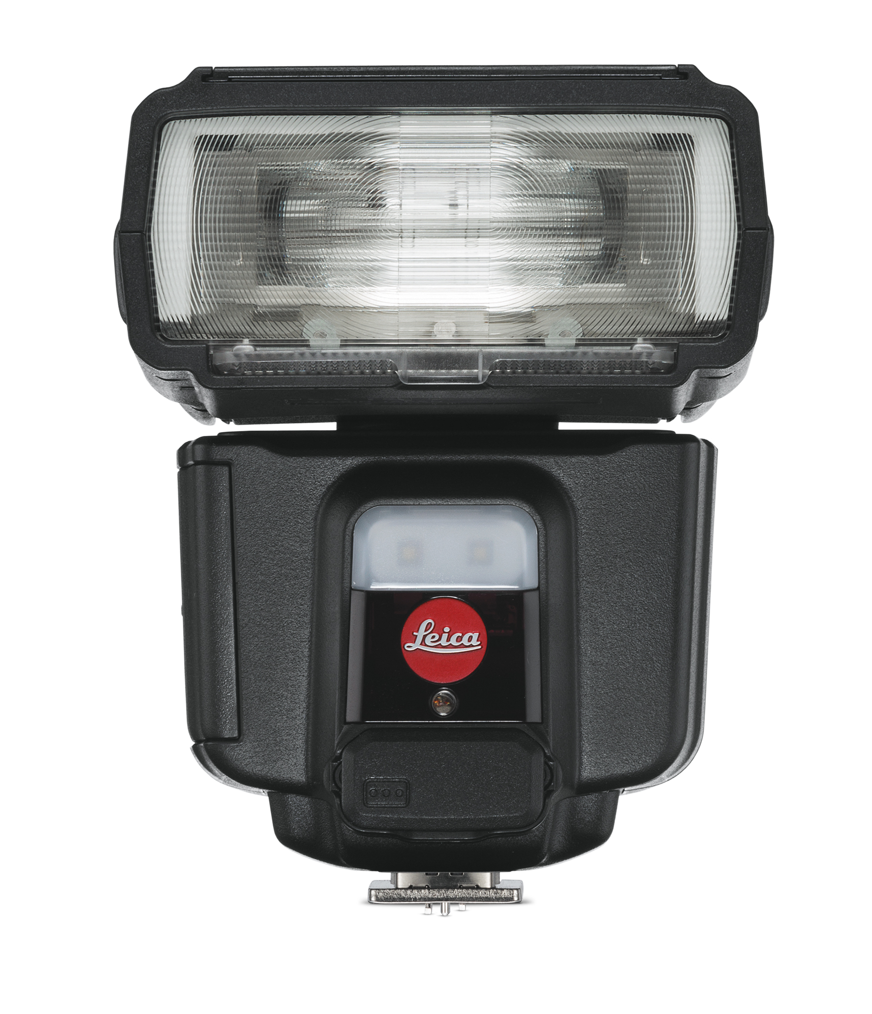 Schwarzes Leica Aufsteckblitzgerät mit schwenkbarem Blitzkopf, integriertem Display und rotem Leica Logo in Frontansicht auf weißem Hintergrund.